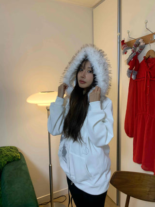 Fur-trimmed Basic Loose Fit Half Zip-up