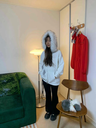 Fur-trimmed Basic Loose Fit Half Zip-up