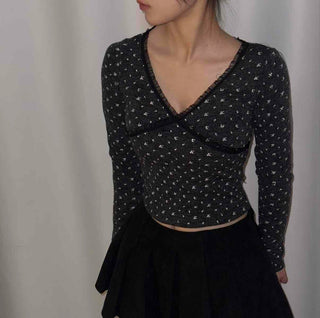 Modern Chiffon Molded Cross V-Neck Long Sleeve Tee