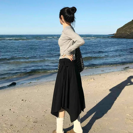 Diagonal Cut Irregular Hem Double-Pleated Midi Skirt