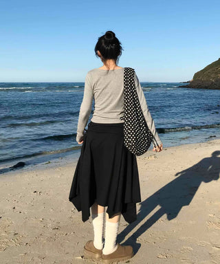 Diagonal Cut Irregular Hem Double-Pleated Midi Skirt