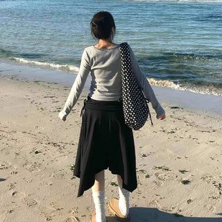 Diagonal Cut Irregular Hem Double-Pleated Midi Skirt