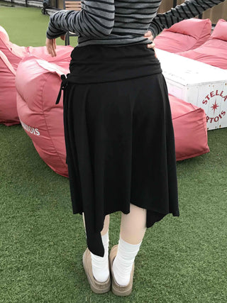 Diagonal Cut Irregular Hem Double-Pleated Midi Skirt