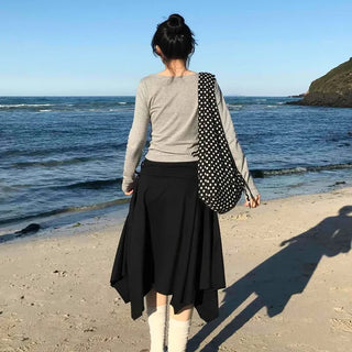 Diagonal Cut Irregular Hem Double-Pleated Midi Skirt
