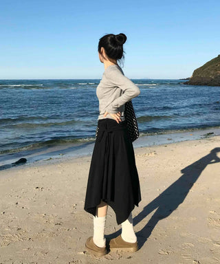 Diagonal Cut Irregular Hem Double-Pleated Midi Skirt