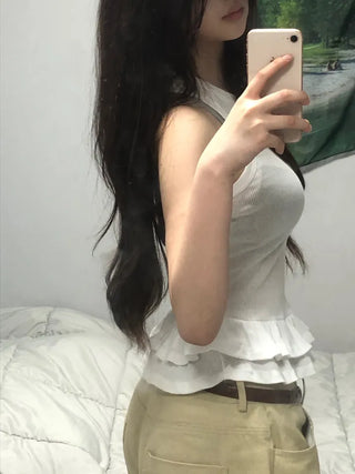Leppy Frill Tiered Ribbed Sleeveless Top