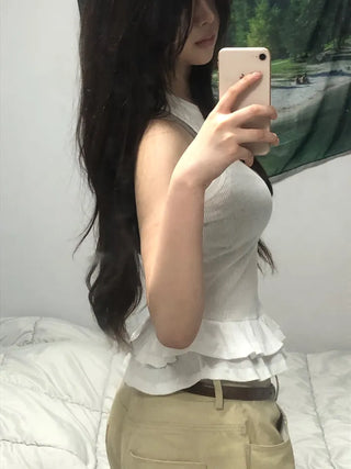 Leppy Frill Tiered Ribbed Sleeveless Top