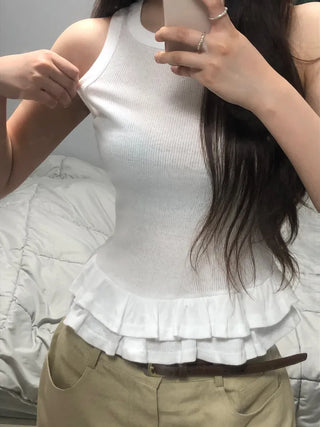 Leppy Frill Tiered Ribbed Sleeveless Top