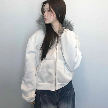 French Stitch Pocket Loose Fit Fleece Zip-Up Hoodie