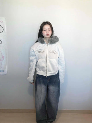 French Stitch Pocket Loose Fit Fleece Zip-Up Hoodie