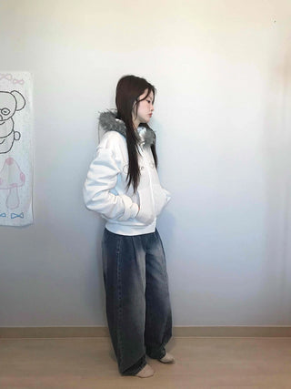 French Stitch Pocket Loose Fit Fleece Zip-Up Hoodie