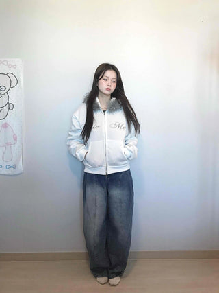 French Stitch Pocket Loose Fit Fleece Zip-Up Hoodie