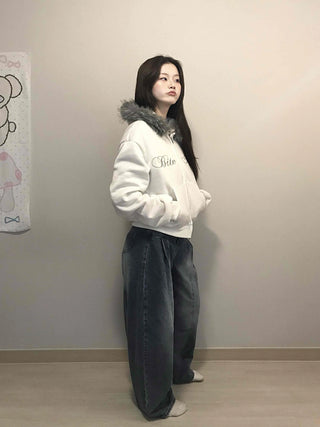 French Stitch Pocket Loose Fit Fleece Zip-Up Hoodie