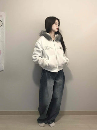 French Stitch Pocket Loose Fit Fleece Zip-Up Hoodie