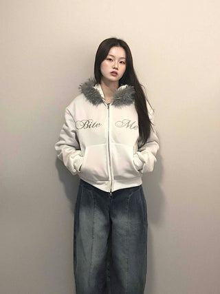 French Stitch Pocket Loose Fit Fleece Zip-Up Hoodie