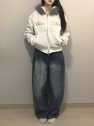 French Stitch Pocket Loose Fit Fleece Zip-Up Hoodie