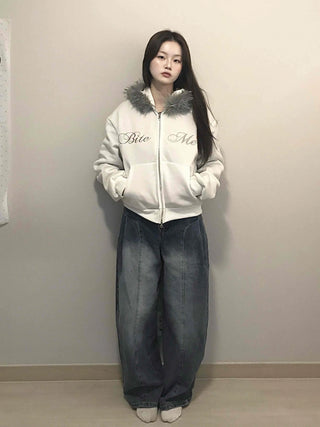 French Stitch Pocket Loose Fit Fleece Zip-Up Hoodie