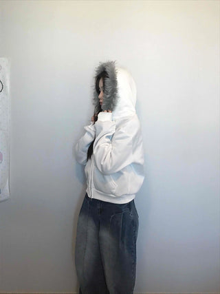 French Stitch Pocket Loose Fit Fleece Zip-Up Hoodie