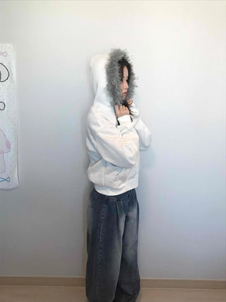 French Stitch Pocket Loose Fit Fleece Zip-Up Hoodie