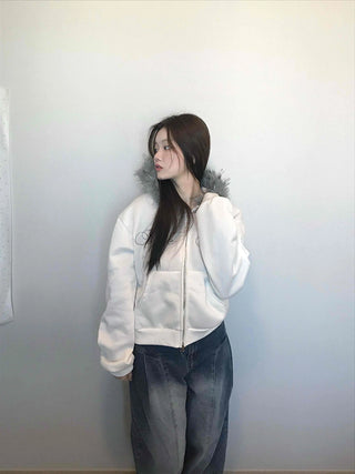 French Stitch Pocket Loose Fit Fleece Zip-Up Hoodie