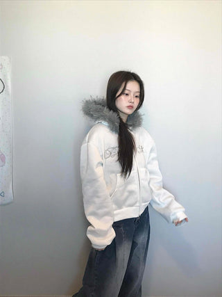 French Stitch Pocket Loose Fit Fleece Zip-Up Hoodie