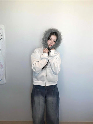 French Stitch Pocket Loose Fit Fleece Zip-Up Hoodie