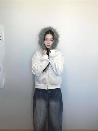 French Stitch Pocket Loose Fit Fleece Zip-Up Hoodie