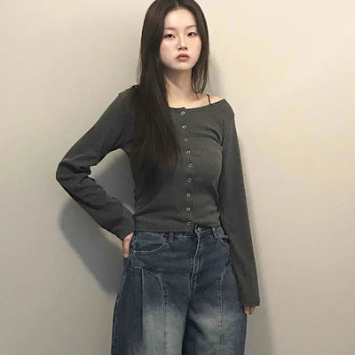 Square Neck Button Slim Fit Ribbed Long Sleeve T-shirt