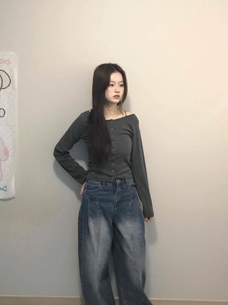 Square Neck Button Slim Fit Ribbed Long Sleeve T-shirt