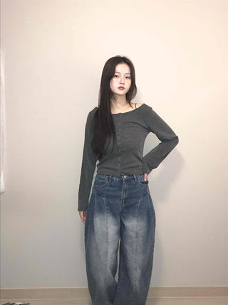 Square Neck Button Slim Fit Ribbed Long Sleeve T-shirt