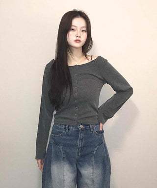 Square Neck Button Slim Fit Ribbed Long Sleeve T-shirt