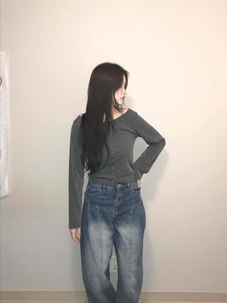 Square Neck Button Slim Fit Ribbed Long Sleeve T-shirt