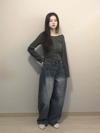 Square Neck Button Slim Fit Ribbed Long Sleeve T-shirt