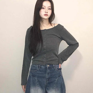Square Neck Button Slim Fit Ribbed Long Sleeve T-shirt