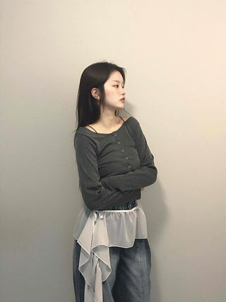 Square Neck Button Slim Fit Ribbed Long Sleeve T-shirt