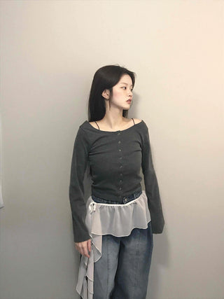 Square Neck Button Slim Fit Ribbed Long Sleeve T-shirt