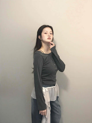 Square Neck Button Slim Fit Ribbed Long Sleeve T-shirt