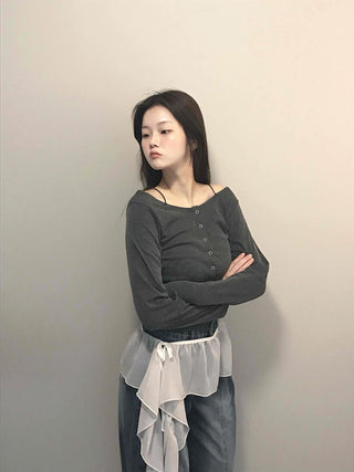 Square Neck Button Slim Fit Ribbed Long Sleeve T-shirt