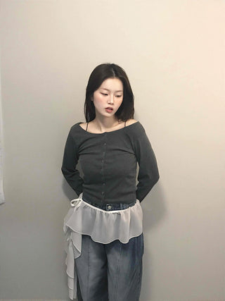 Square Neck Button Slim Fit Ribbed Long Sleeve T-shirt