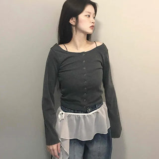 Square Neck Button Slim Fit Ribbed Long Sleeve T-shirt