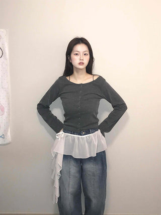 Square Neck Button Slim Fit Ribbed Long Sleeve T-shirt