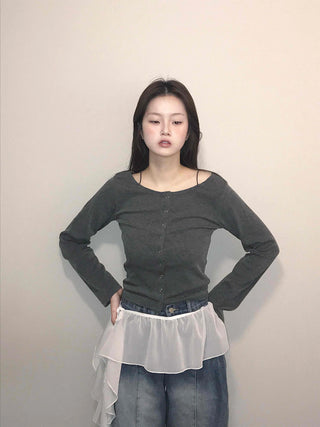 Square Neck Button Slim Fit Ribbed Long Sleeve T-shirt