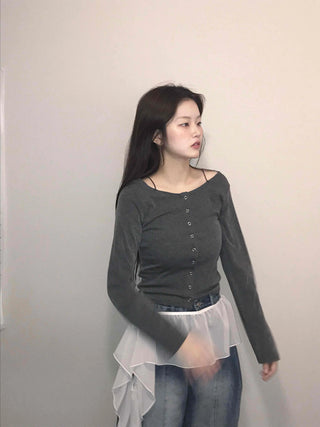 Square Neck Button Slim Fit Ribbed Long Sleeve T-shirt