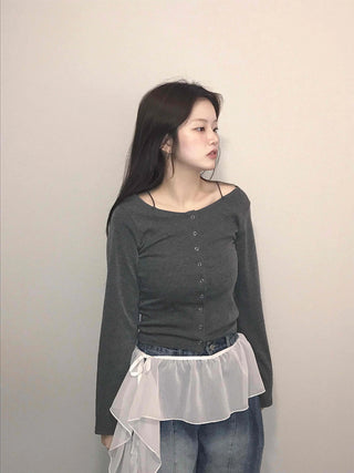 Square Neck Button Slim Fit Ribbed Long Sleeve T-shirt
