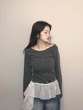 Square Neck Button Slim Fit Ribbed Long Sleeve T-shirt