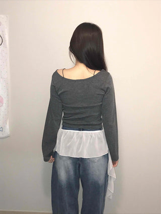 Square Neck Button Slim Fit Ribbed Long Sleeve T-shirt