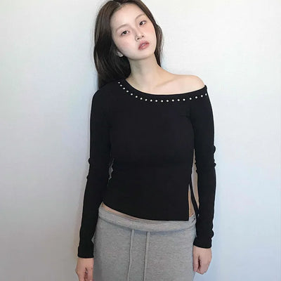 Beaded Slash Neckline Cozy Fit Long Sleeve T-shirt