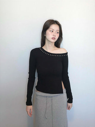 Beaded Slash Neckline Cozy Fit Long Sleeve T-shirt