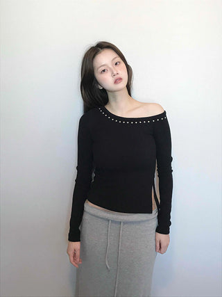 Beaded Slash Neckline Cozy Fit Long Sleeve T-shirt