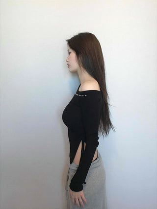 Beaded Slash Neckline Cozy Fit Long Sleeve T-shirt